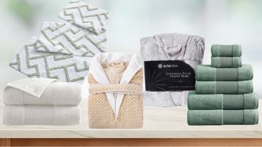 Robes, bath mats, towels on counter top
